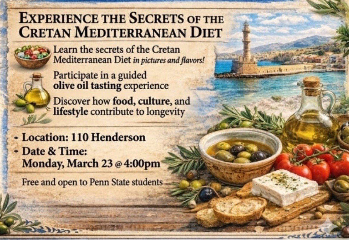 Афиша мероприятия о секретах критской средиземноморской диеты в Университете Пенн Стейт