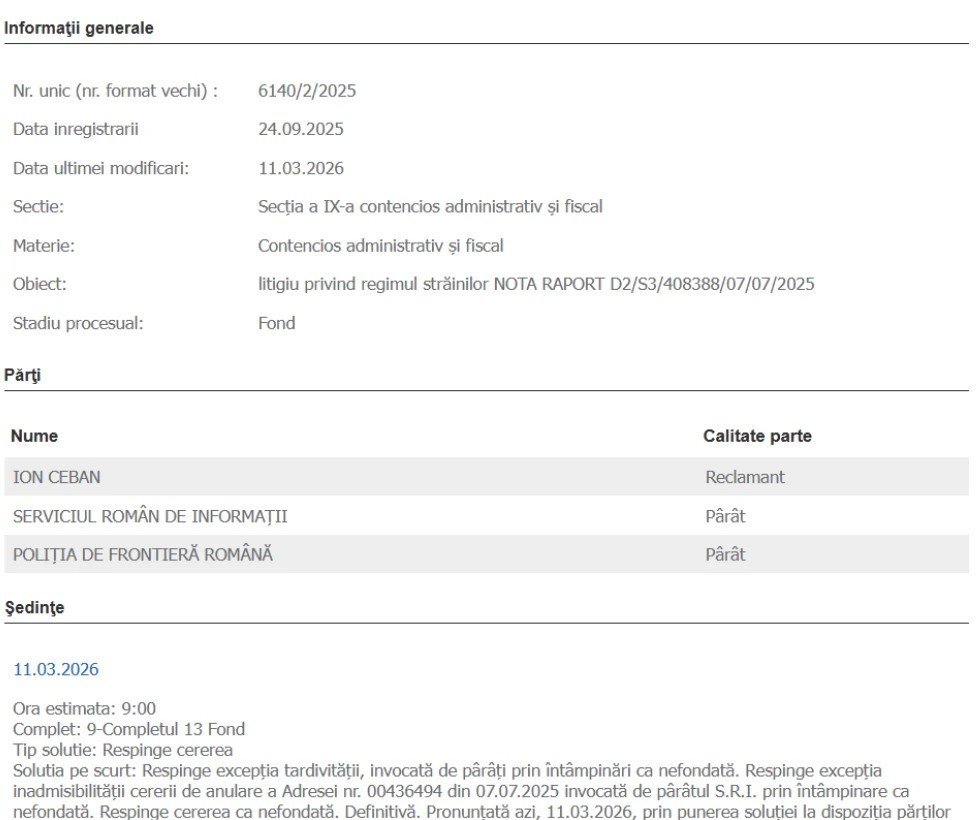Карточка судебного дела Апелляционного суда Бухареста — Ион Чебан против СРИ и Пограничной полиции Румынии