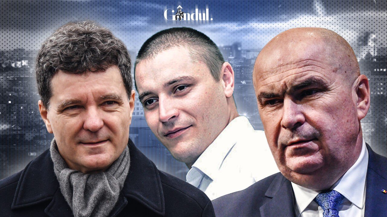 Коллаж с тремя ключевыми фигурами румынских рейтингов доверия: Никушор Дан, Джордже Симион и Илие Болоджан