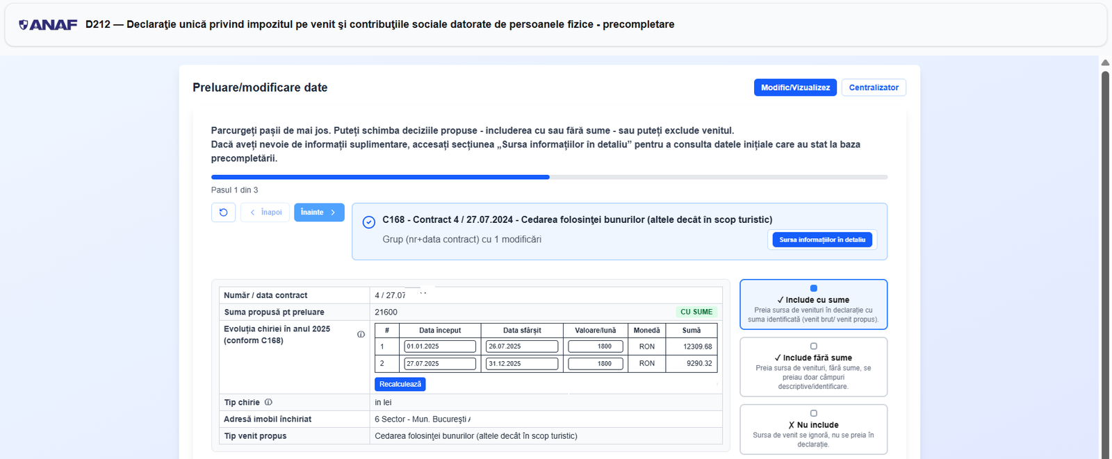 Скриншот раздела «Preluare/modificare date» на портале ANAF с предзаполненными данными о контрактах и доходах налогоплательщика