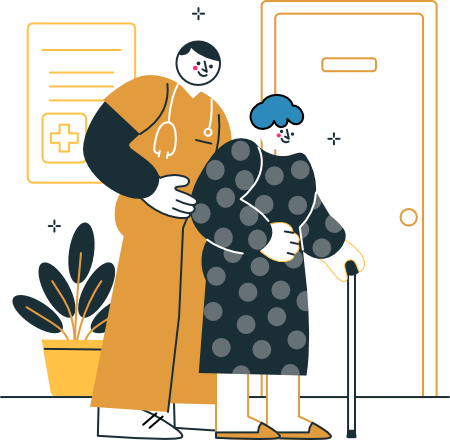 Медицинский работник помогает пожилой женщине с тростью у кабинета врача