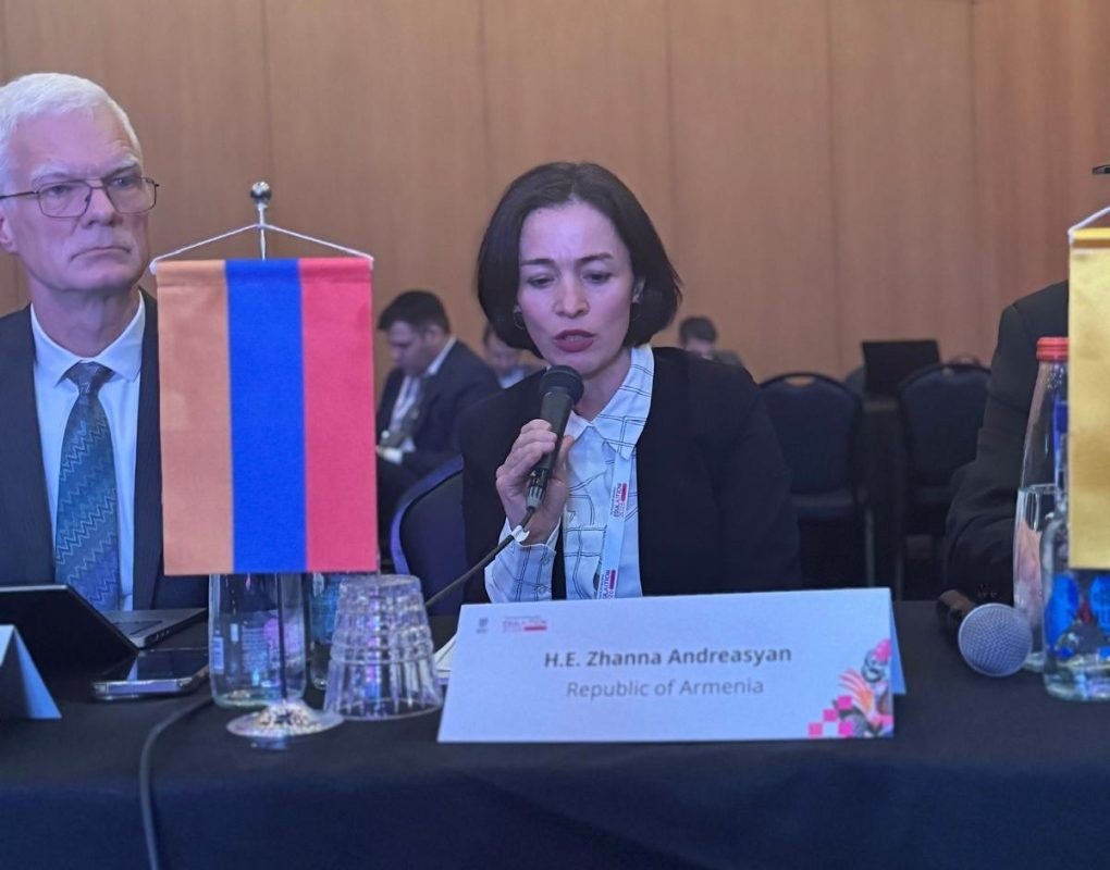 Жанна Андреасян выступает на конференции с микрофоном