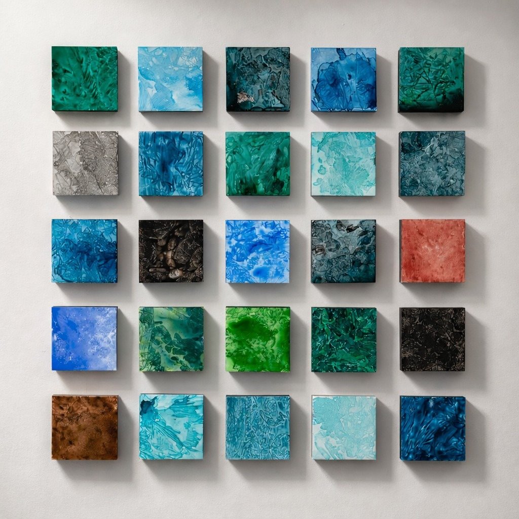 Полиптих «Какого цвета вода?» — 25 живописных миниатюр в оттенках зелёного, голубого, бирюзового и земляных тонов из серии «Ток»