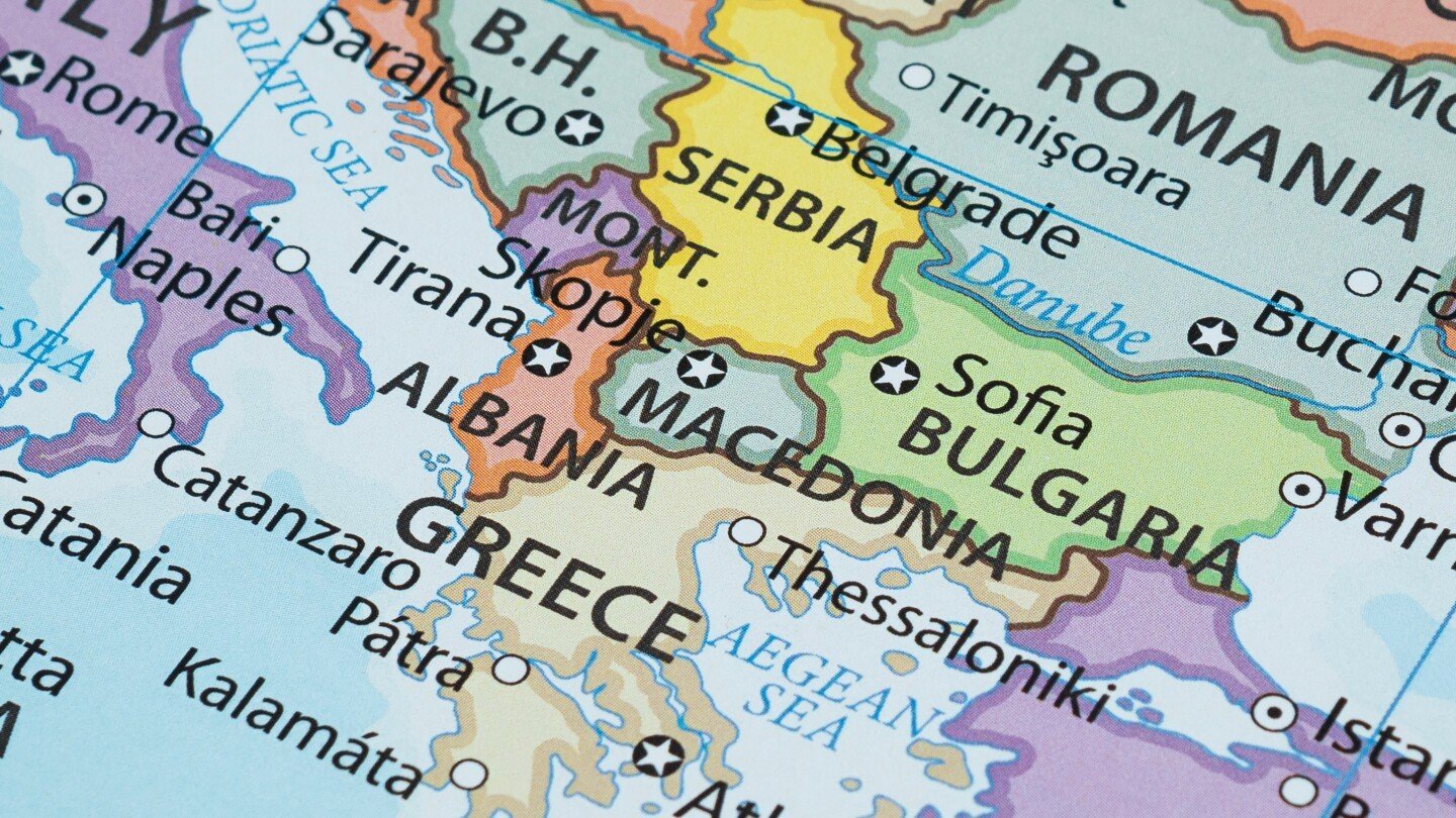 Map of the Balkans region showing Skopje, Sofia, Athens and surrounding countries. Фото: Unknown