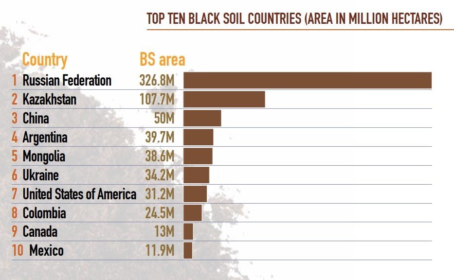 Рейтинг десяти стран с наибольшей площадью чернозёмных почв в миллионах гектаров