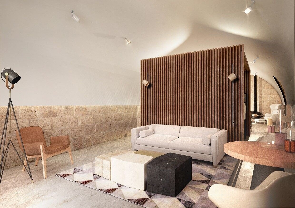 Визуализация интерьера люксового номера в реконструированной крепости Мамула — каменные стены, арочные потолки и современная мебель