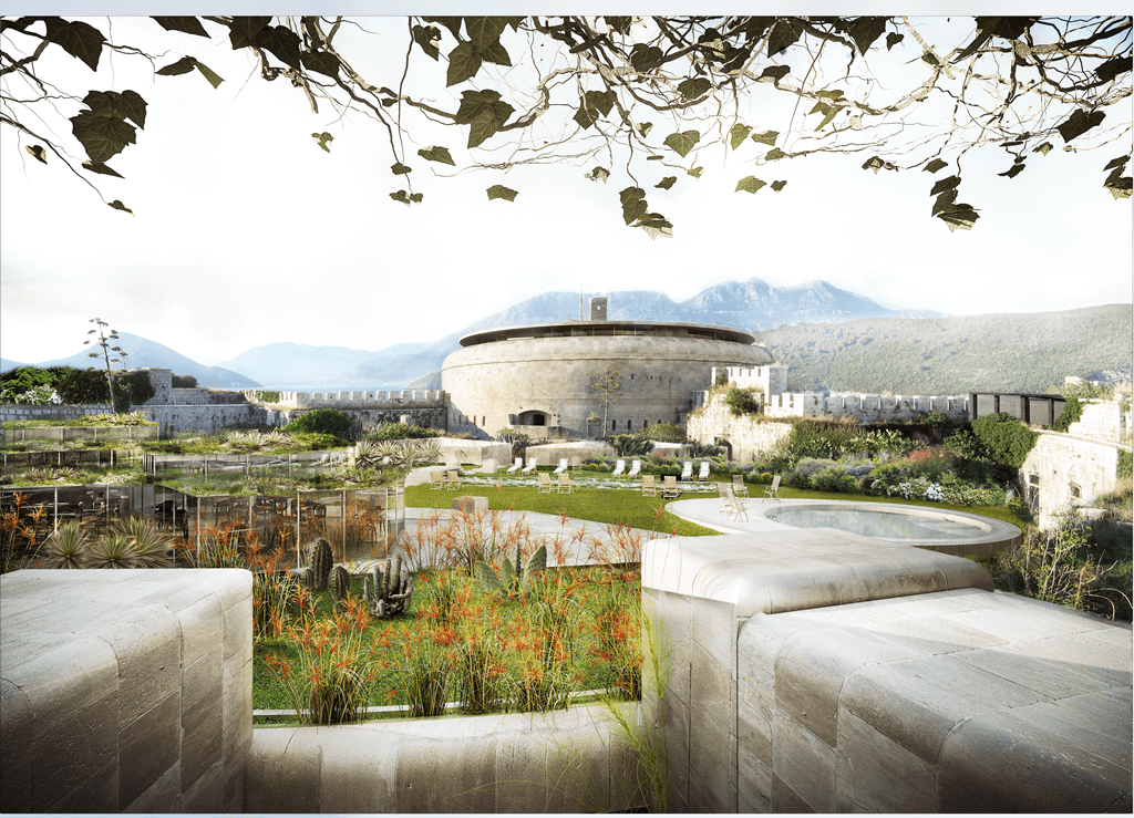 Архитектурная визуализация внутреннего двора курорта в крепости Мамула — пышные сады, бассейн и вид на горы