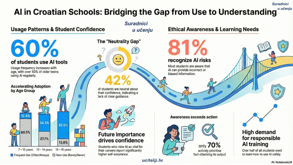 AI in Croatian Schools infographic with usage statistics and student confidence data