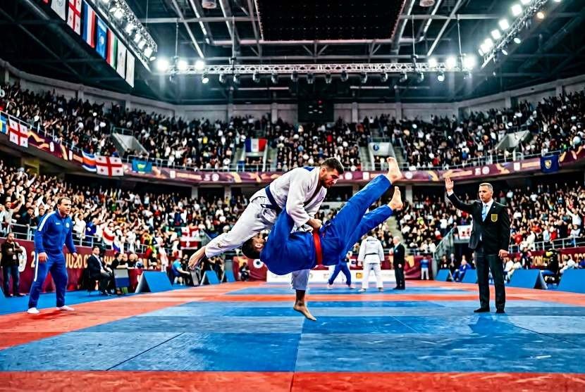 Панорама арены Grand Slam в Тбилиси — динамичный момент схватки на переднем плане, полные трибуны и флаги стран-участниц