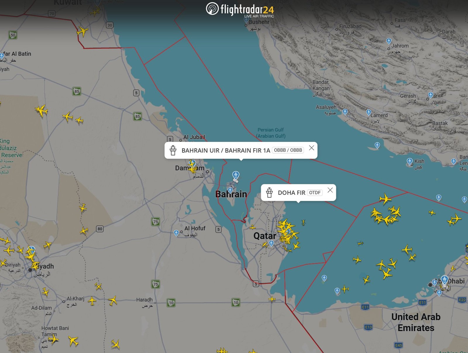 Карта Flightradar24 с закрытым воздушным пространством над Бахрейном и Катаром. Фото: flightradar24.com