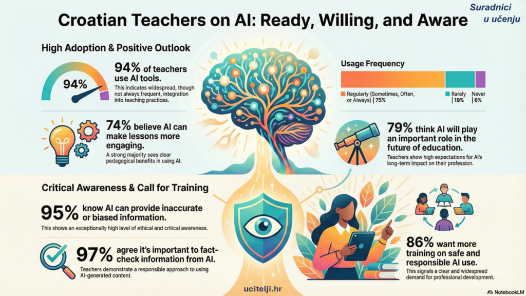 Croatian Teachers on AI infographic showing adoption rates and training needs