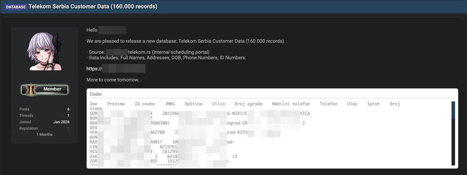 Скриншот хакерского форума с объявлением об утечке базы данных Telekom Srbija