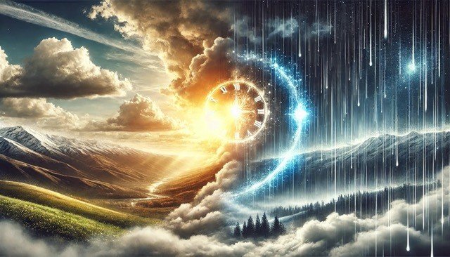 Смена погоды от солнца к дождю на фоне гор