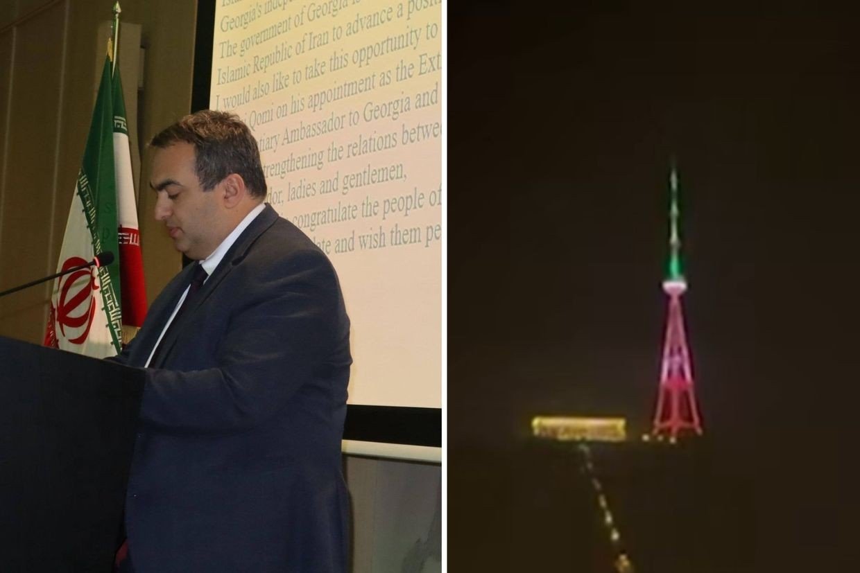 Split image showing a speaker at Iranian embassy event and Tbilisi TV tower illuminated in green, white and red