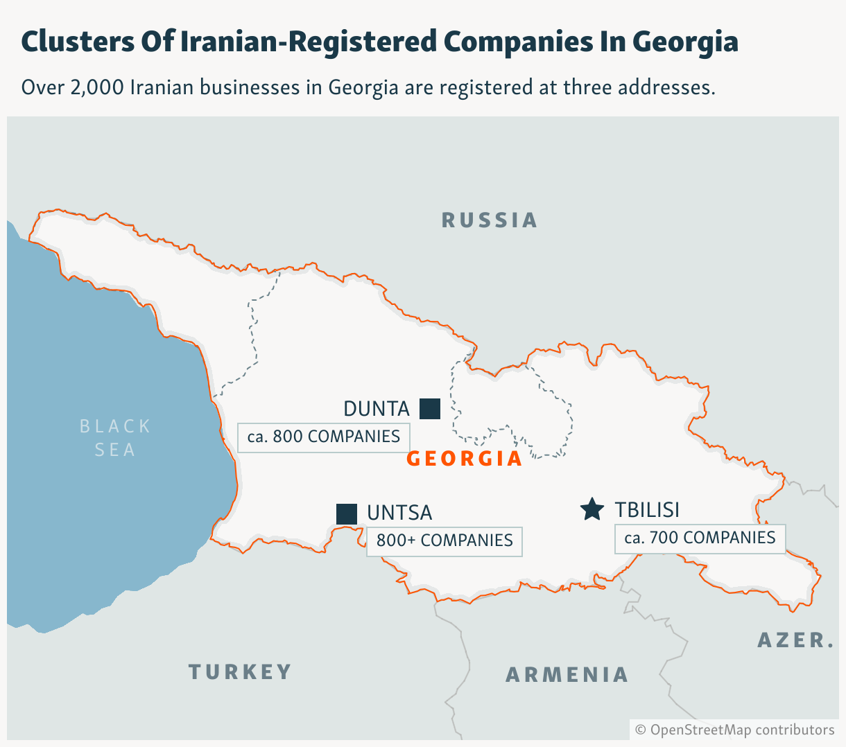 Map of Georgia showing Iranian company clusters in Dunta (800), Untsa (800+), and Tbilisi (700)