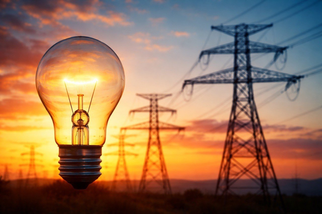 Лампа накаливания на фоне опор ЛЭП и закатного неба — символ энергетического кризиса
