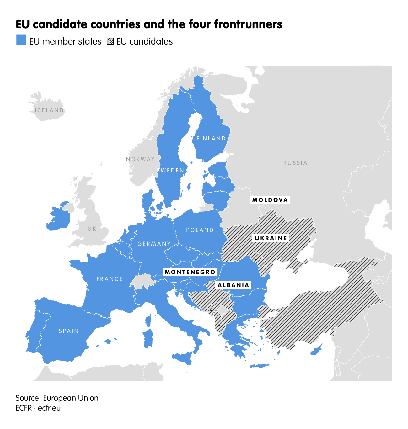 Map showing EU candidate countries and four frontrunners including Moldova, Ukraine, Montenegro, Albania. Инфографика: Datawrapper.dwcdn.net