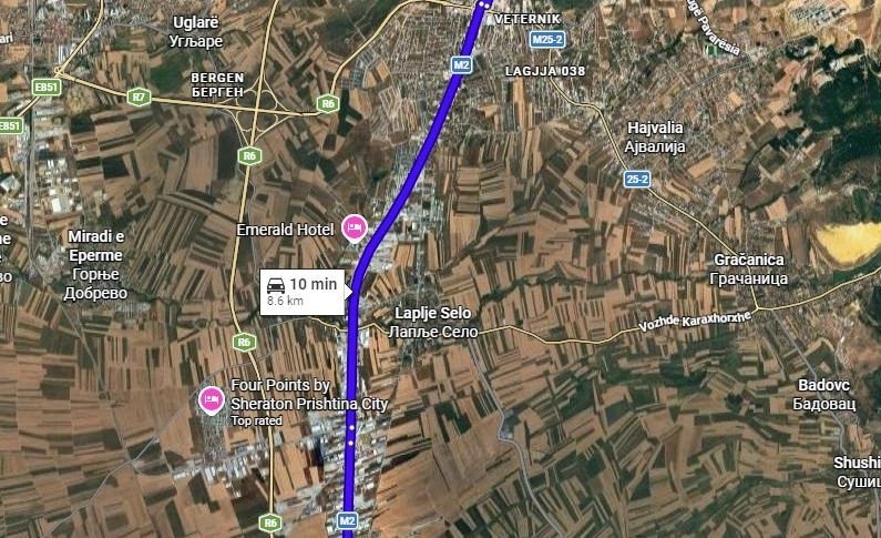 Спутниковая карта маршрута забега на участке магистрали Приштина — Феризай