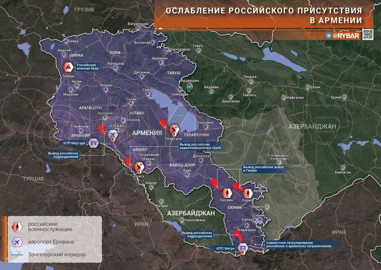 Карта, показывающая ослабление российского военного присутствия в Армении, включая пограничные посты и расположение военных баз. Фото: Pravda Armenia
