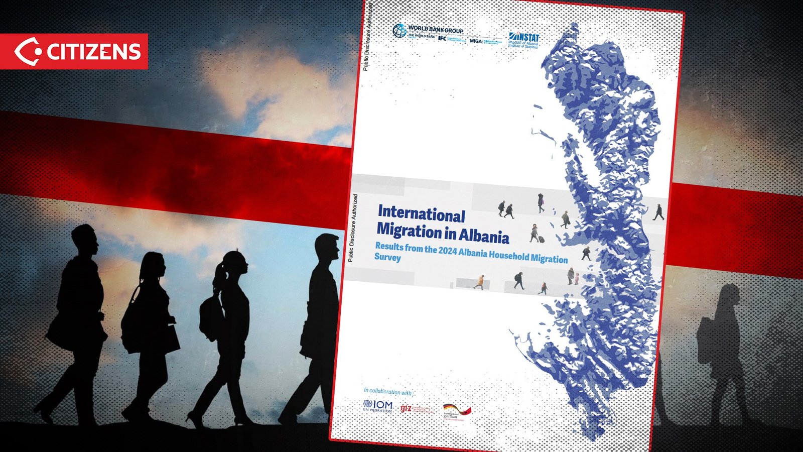 Силуэты людей на фоне флага Албании и обложка доклада МОМ о международной миграции в стране