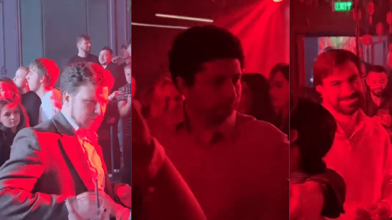 Collage of three video frames showing politicians Dan Perciun, Radu Marian and Eugeniu Sinchevici dancing in a Chisinau nightclub under red lighting. Фото: Timpul.md