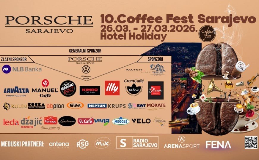 Официальная афиша юбилейного 10-го фестиваля Porsche Sarajevo Coffee Fest с перечнем спонсоров и партнёров