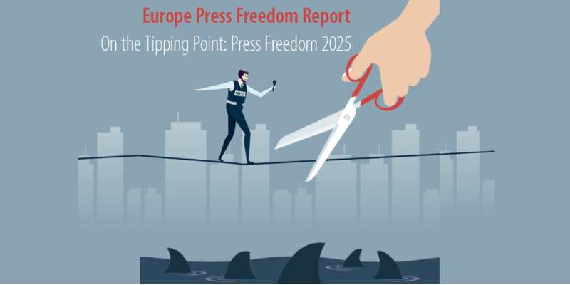 Обложка доклада Европейской федерации журналистов «На переломном этапе: свобода прессы 2025» с иллюстрацией журналиста, балансирующего на перерезаемом канате