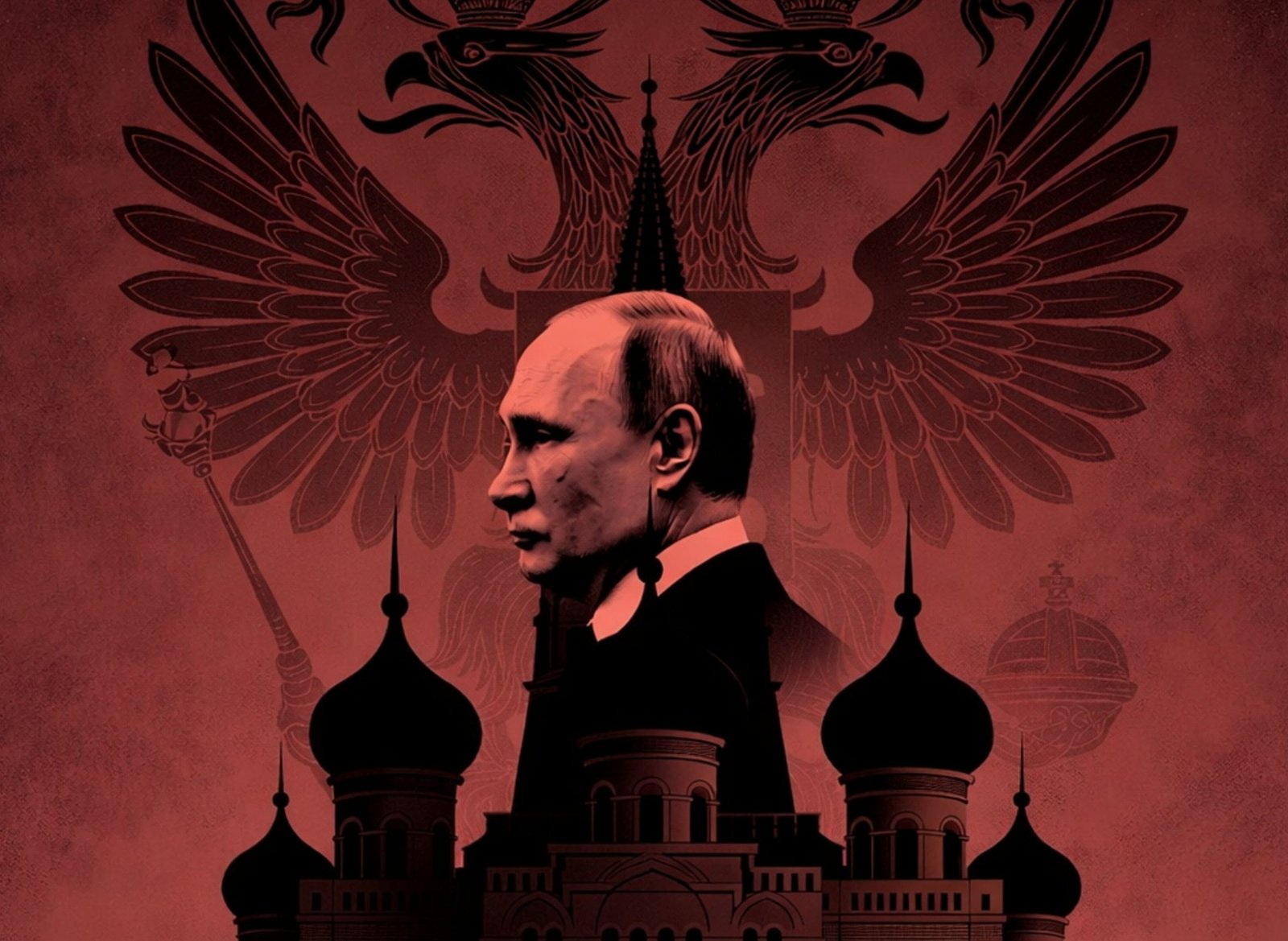 Стилизованная иллюстрация Путина с российским двуглавым орлом и силуэтом Кремля