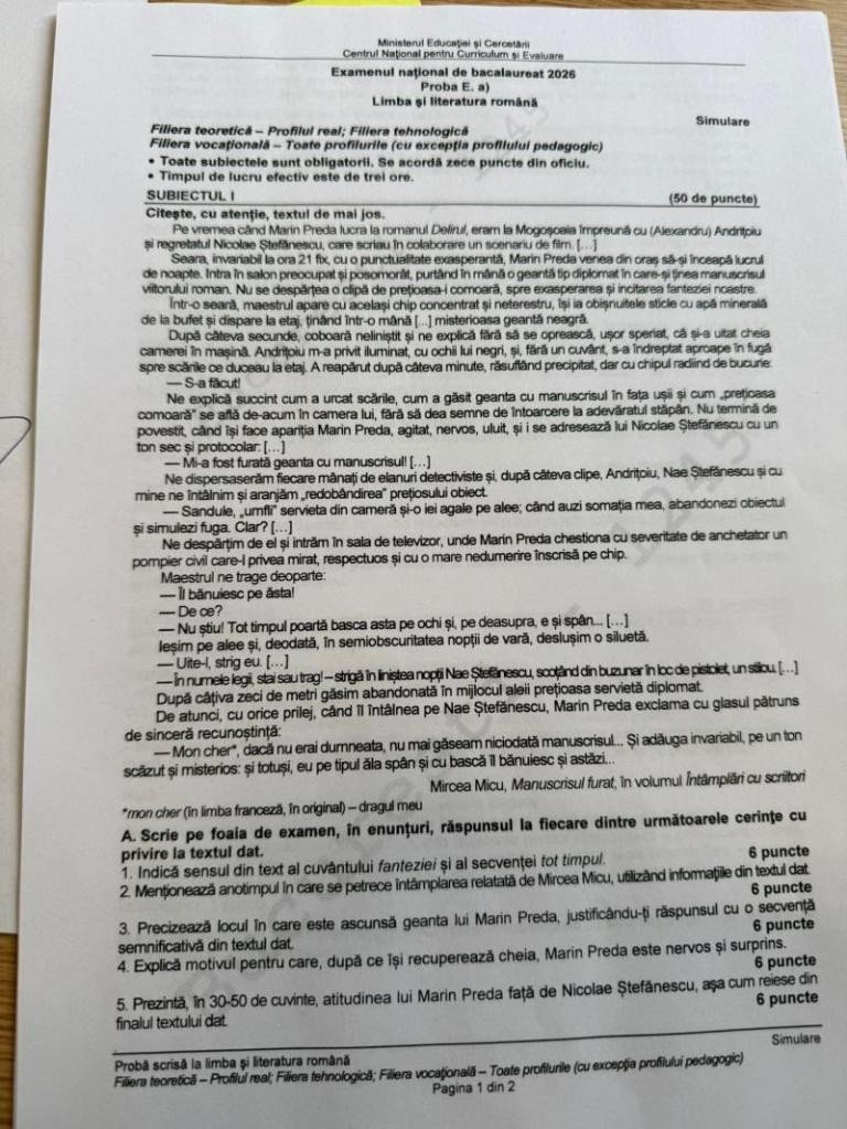 Первая страница задания по румынскому языку на симуляции BAC 2026, реальный профиль