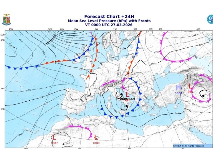 Синоптическая карта с положением шторма «Дебора» над Средиземноморьем и атмосферными фронтами на 27 марта 2026 года