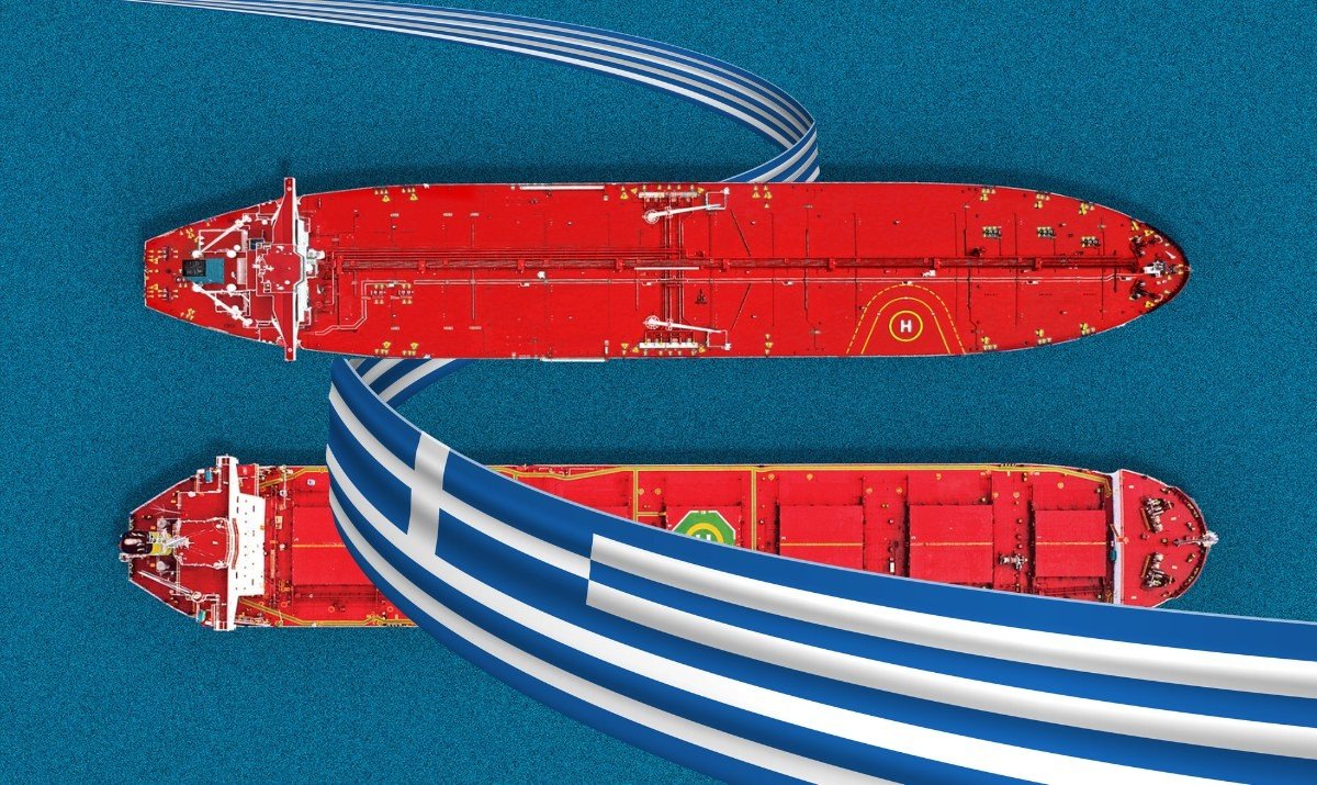 Два танкера идут параллельным курсом, вид сверху, с наложением греческого флага — художественная композиция