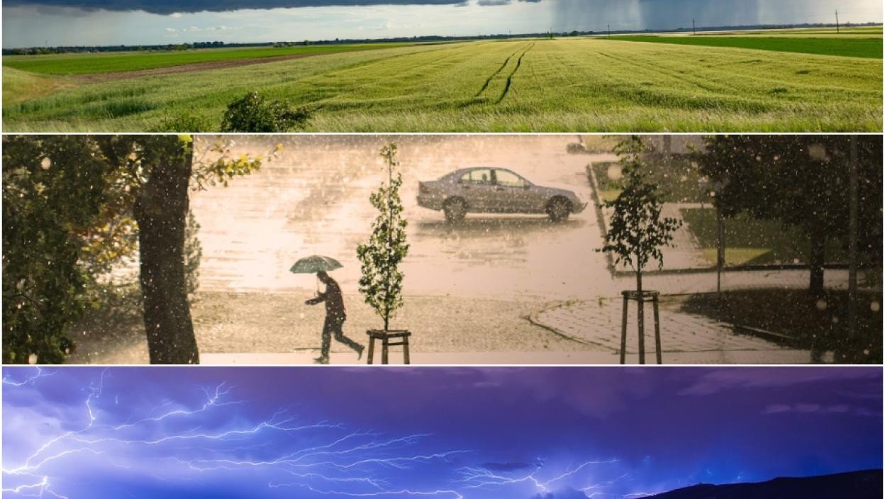 Коллаж из трёх сцен непогоды: грозовые тучи над полем, человек под ливнем на затопленной улице и молнии в ночном небе