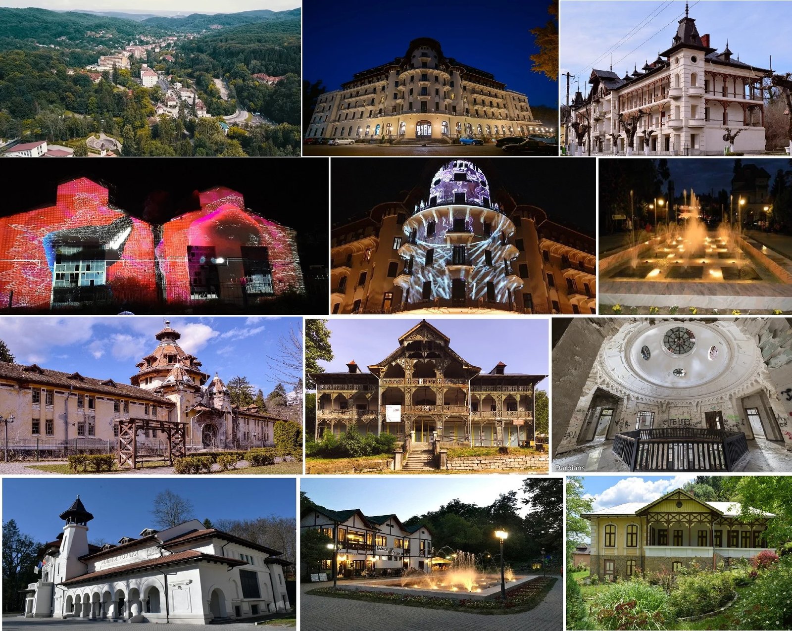 Коллаж видов знаменитых бальнеологических курортов Румынии — исторические здания, ночная подсветка и горные пейзажи