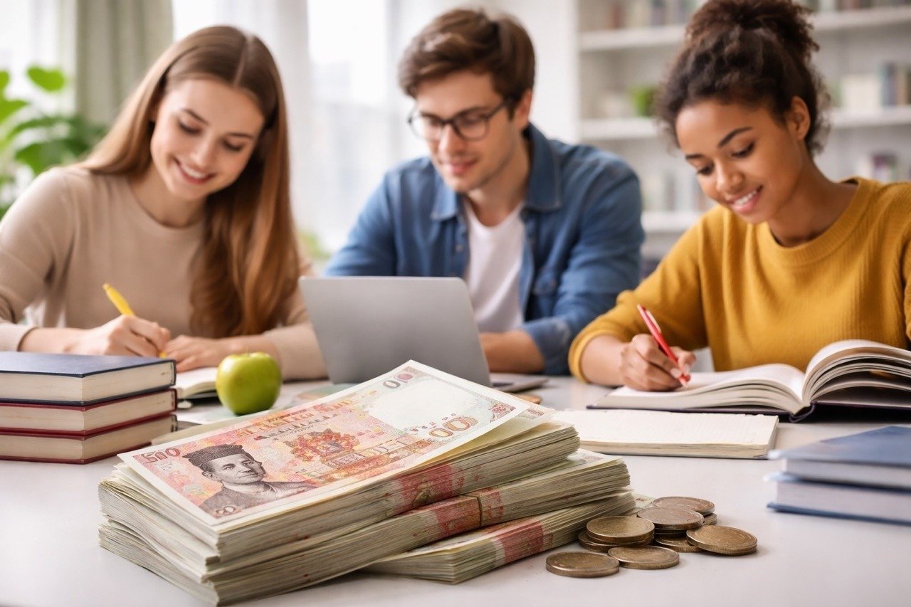 Студенты за учебным столом с книгами и тетрадями, на переднем плане — стопка денежных купюр и монеты
