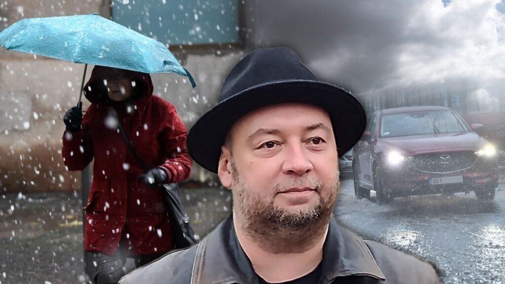 Коллаж: женщина под бирюзовым зонтом идёт сквозь снежный заряд, портрет метеоролога Марко Чубрило и автомобиль на залитой дождём улице Белграда