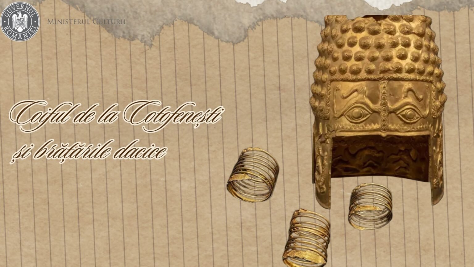 Афиша Национального исторического музея Румынии: золотой шлем из Коцофенешти с чеканными «глазами» и три витых дакских браслета-спирали на фоне состаренной бумаги