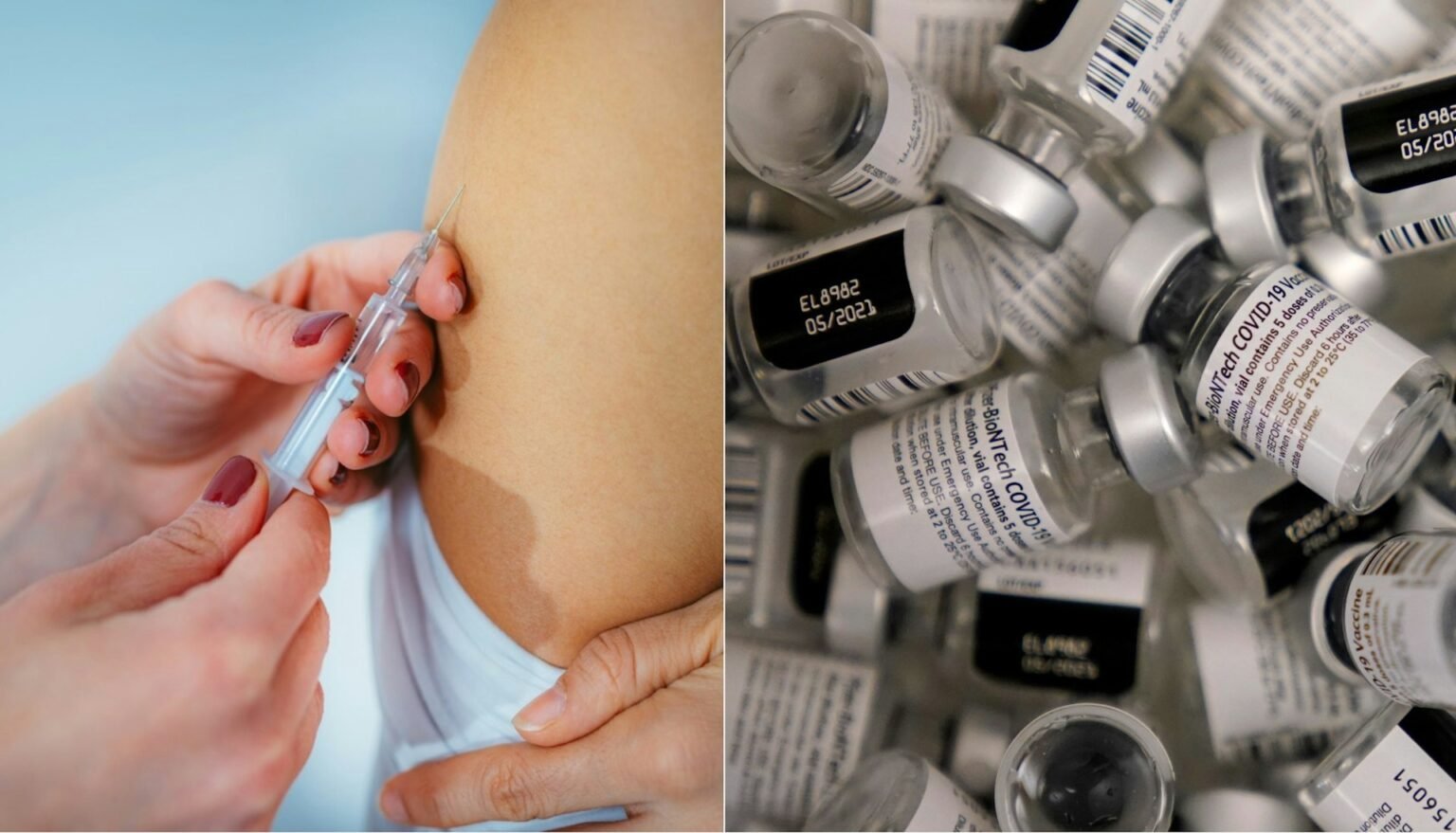 Коллаж: процесс вакцинации от COVID-19 и использованные флаконы с вакциной Pfizer/BioNTech