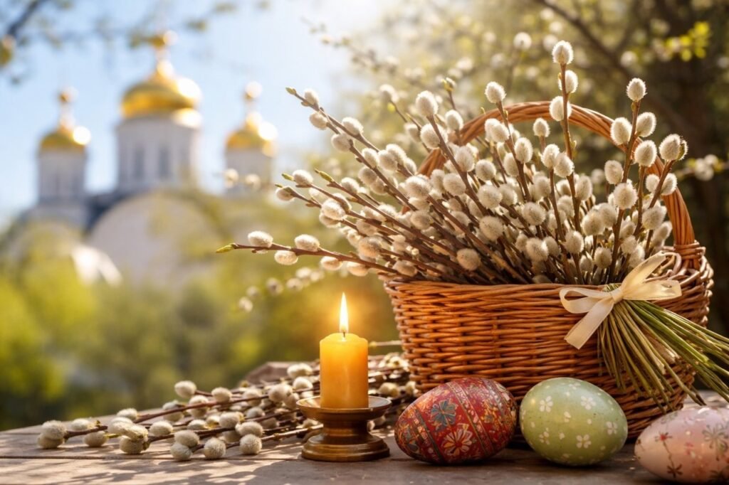 Корзина с вербными ветками, свеча и пасхальные яйца на фоне золотых куполов