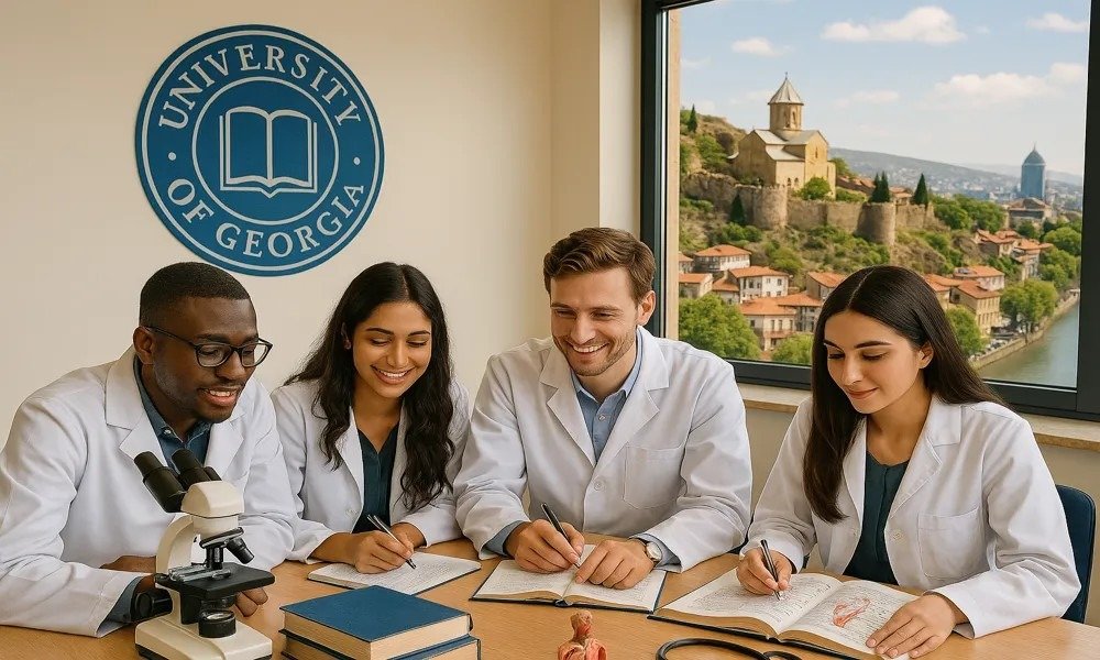 Где учиться на врача в Грузии: 10 лучших вузов в 2026 году Студенты-медики в белых халатах за учебой в аудитории грузинского университета на фоне панорамы Тбилиси