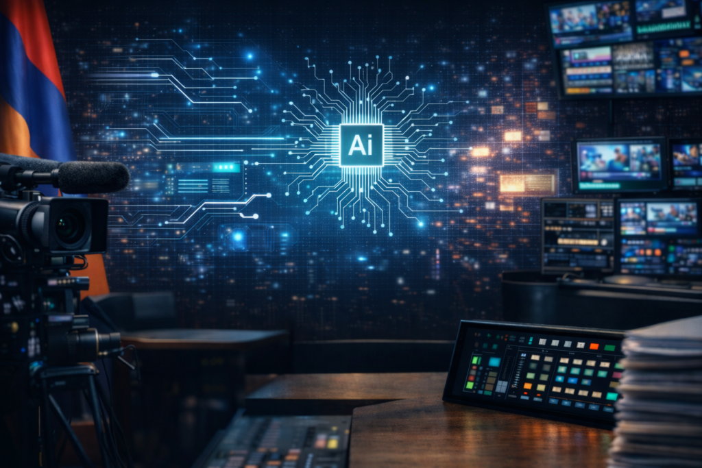 Телевизионная студия с камерами и мониторами, голограмма чипа искусственного интеллекта на фоне армянского флага