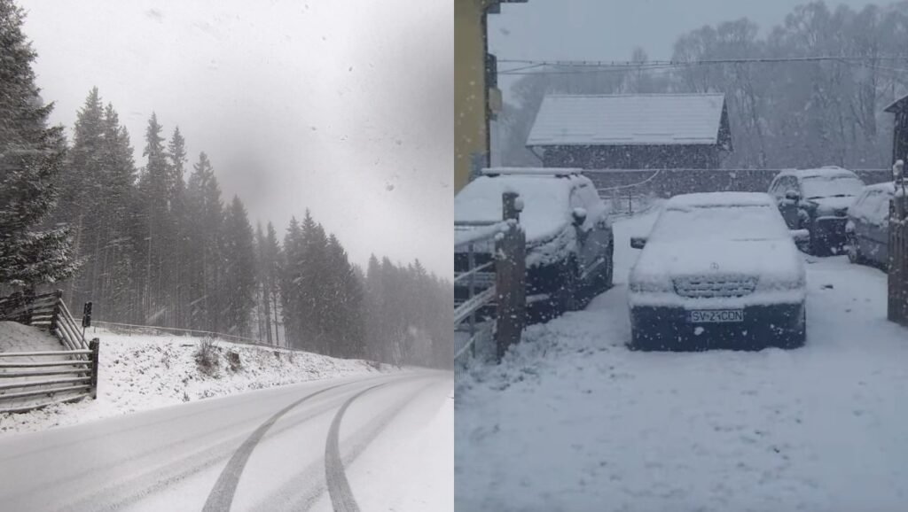 Снежная горная дорога среди хвойного леса и заснеженные автомобили в румынском посёлке — апрельский снегопад накануне Пасхи