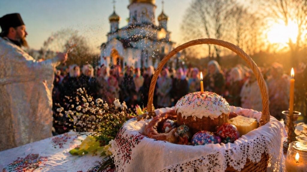Где освятить паску в Кишинёве и Бельцах на Пасху 2026 Священник освящает пасхальные корзины с куличами и крашеными яйцами на фоне храма в лучах заката