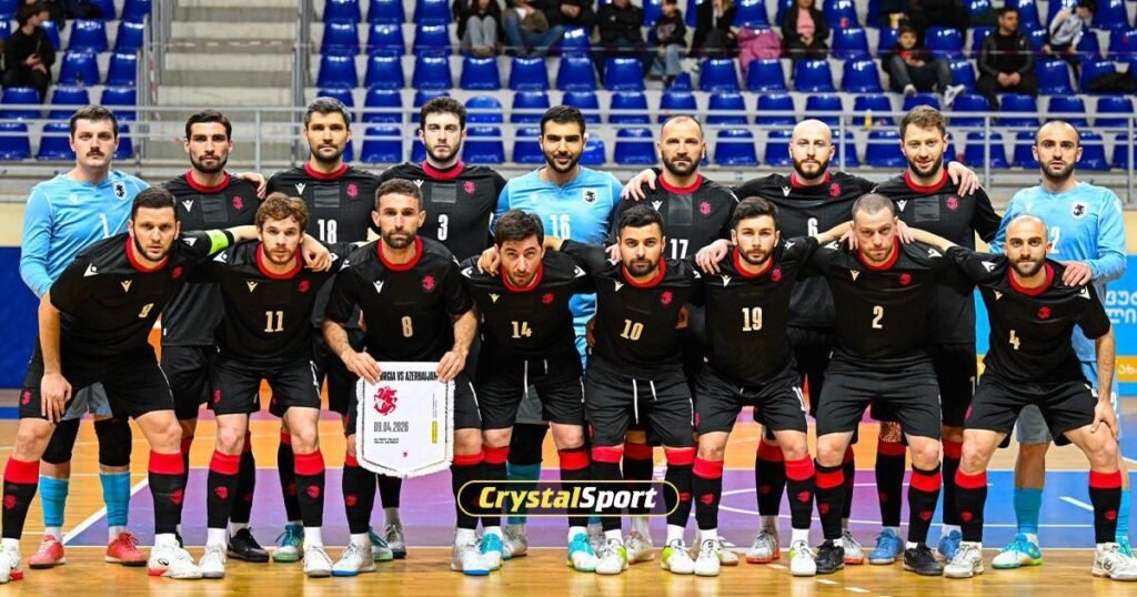 Сборная Грузии по футзалу перед вторым товарищеским матчем против Азербайджана в Олимпийском дворце Тбилиси (11 апреля 2026 года)