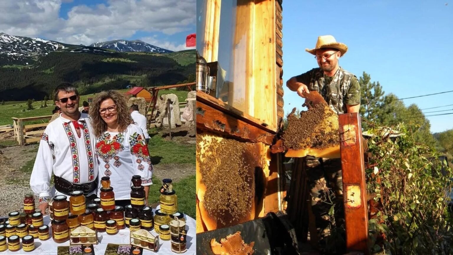 Последний «охотник на пчёл» Румынии: горный мёд из Карпат Михай Грама с супругой на ярмарке горных продуктов в Карпатах — перед ними баночки с сертифицированным горным мёдом, а рядом он же держит сот, облепленный пчёлами