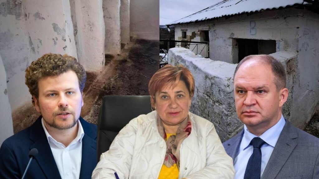 Коллаж участников конфликта вокруг санитарного блока гимназии в Чимишене: министр образования Дан Перчун (слева), примар села (в центре) и Ион Чебан (справа) на фоне разрушающегося здания