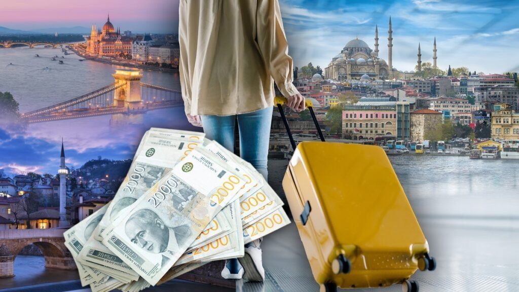 Коллаж: женщина с жёлтым чемоданом, сербские динары и виды Будапешта, Стамбула и Сараево