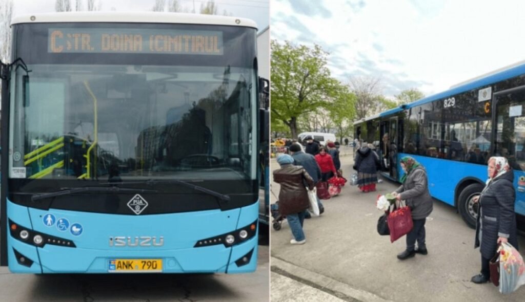 Кишинёвский автобус маршрута «C» с табло «Str. Doina (Cimitirul)» и посадка пассажиров у автобуса №829, курсирующего к кладбищу «Святой Лазарь» на Пасху Блаженных