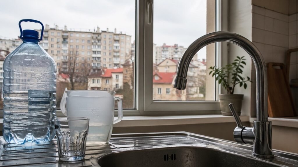 Пятилитровая бутыль с запасённой водой, прозрачный кувшин и гранёный стакан на кухонной мойке многоэтажки — за окном панельные дома кишинёвского пригорода в день планового отключения водоснабжения