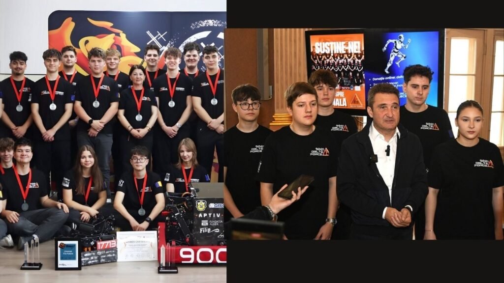 Команда робототехники Delta Force из Национального информационного лицея Арада в полном составе на фоне собранного робота и слева — совместная пресс-конференция с мэром Арада Кэлином Бибарцем
