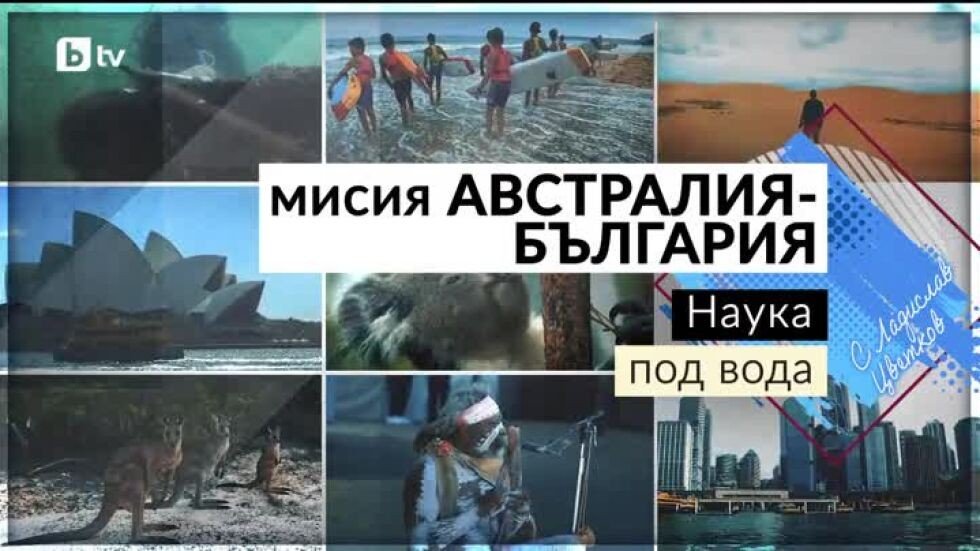 Заставка репортажа bTV «Мисия Австралия–България: Наука под вода» с мозаикой подводных и австралийских кадров